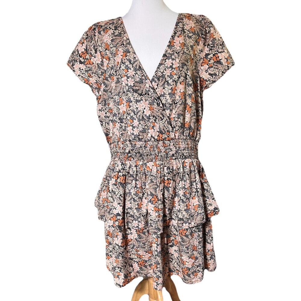 American Eagle Cotton Linen Blend Lined Dress XL Wrap V Neck Floral Tiered Skirt